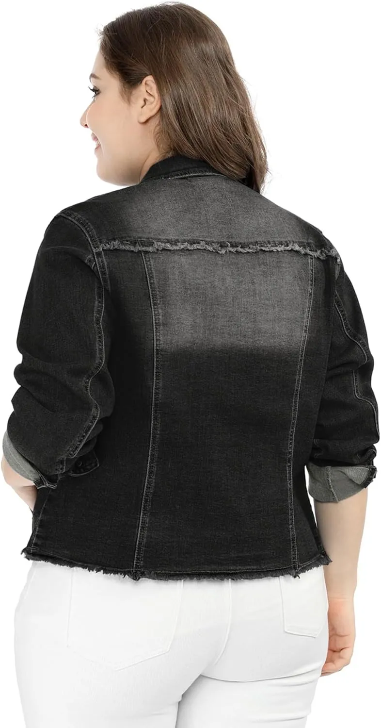 Agnes Orinda Women's Plus Size Classic Washed Front Frayed Denim Jacket