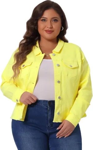 Agnes Orinda Women's Plus Size Classic Washed Front Frayed Denim Jacket