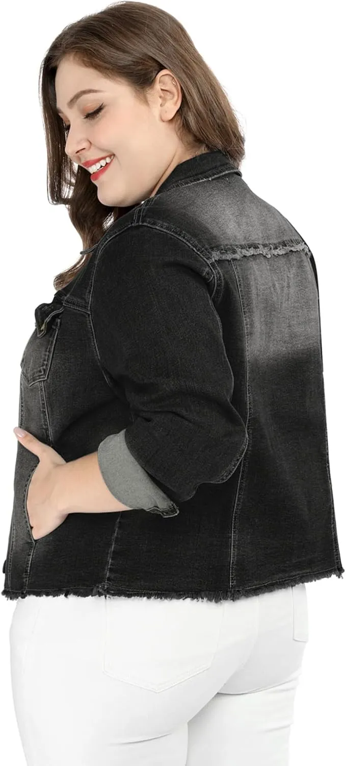 Agnes Orinda Women's Plus Size Classic Washed Front Frayed Denim Jacket