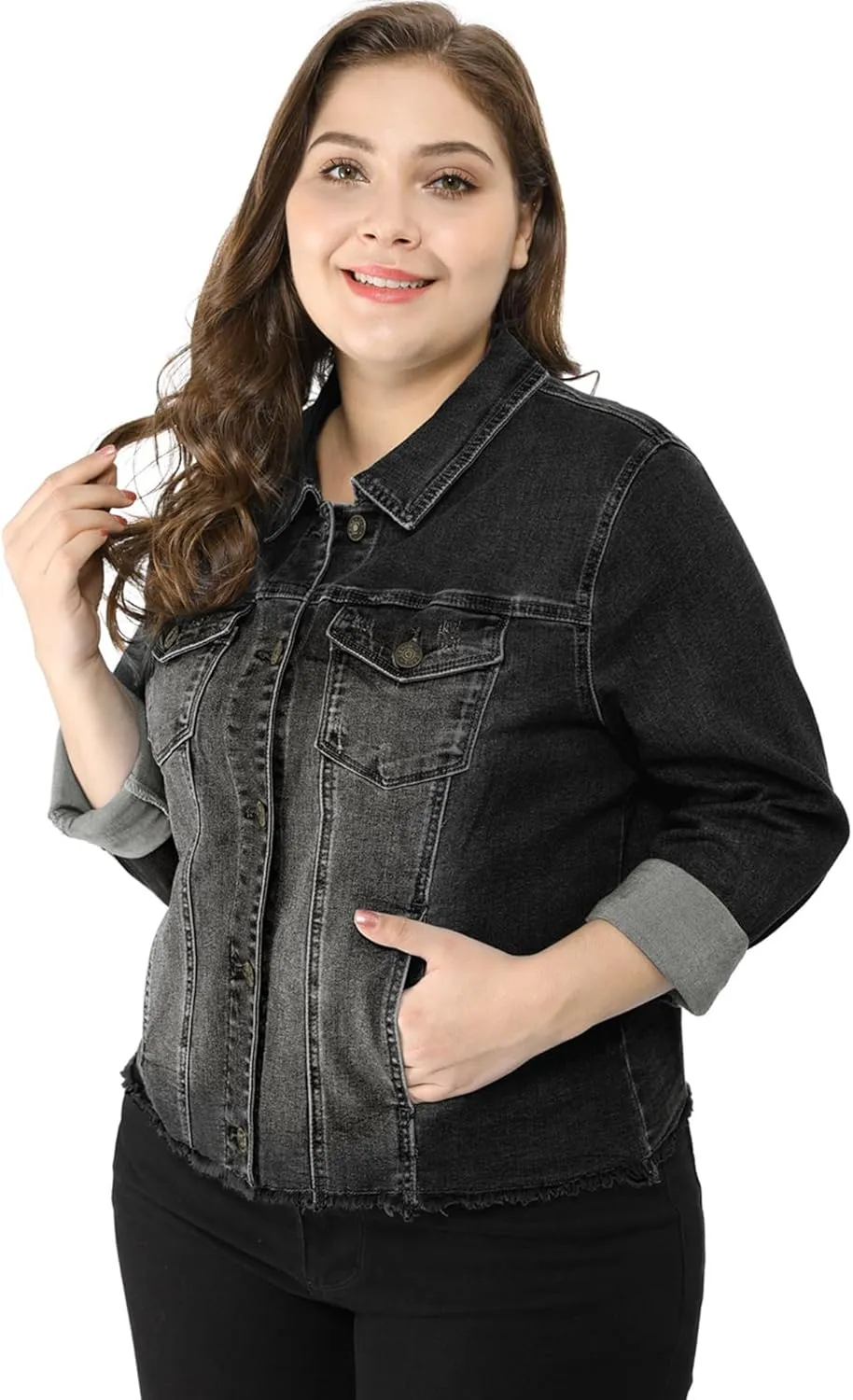 Agnes Orinda Women's Plus Size Classic Washed Front Frayed Denim Jacket