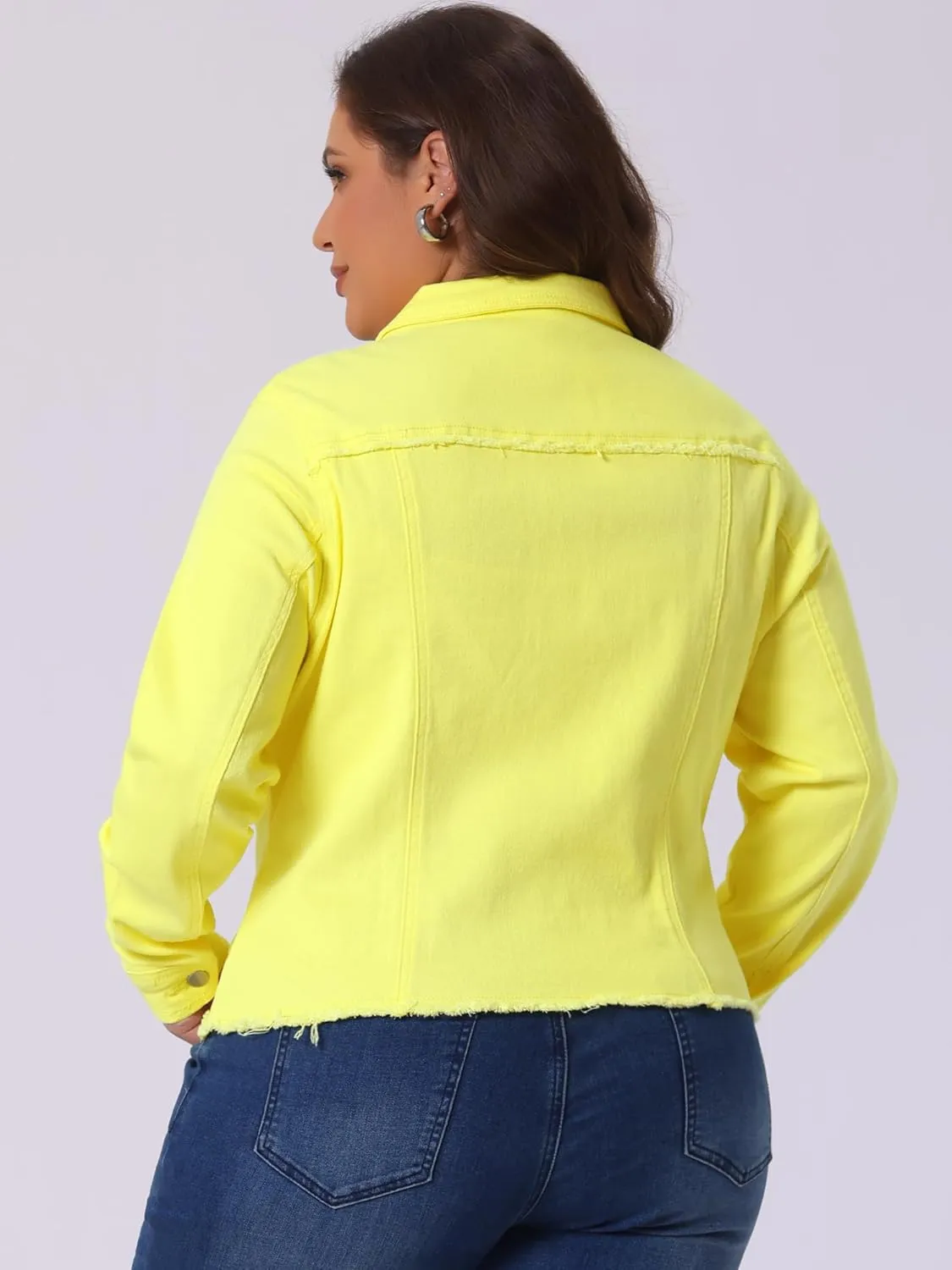 Agnes Orinda Women's Plus Size Classic Washed Front Frayed Denim Jacket