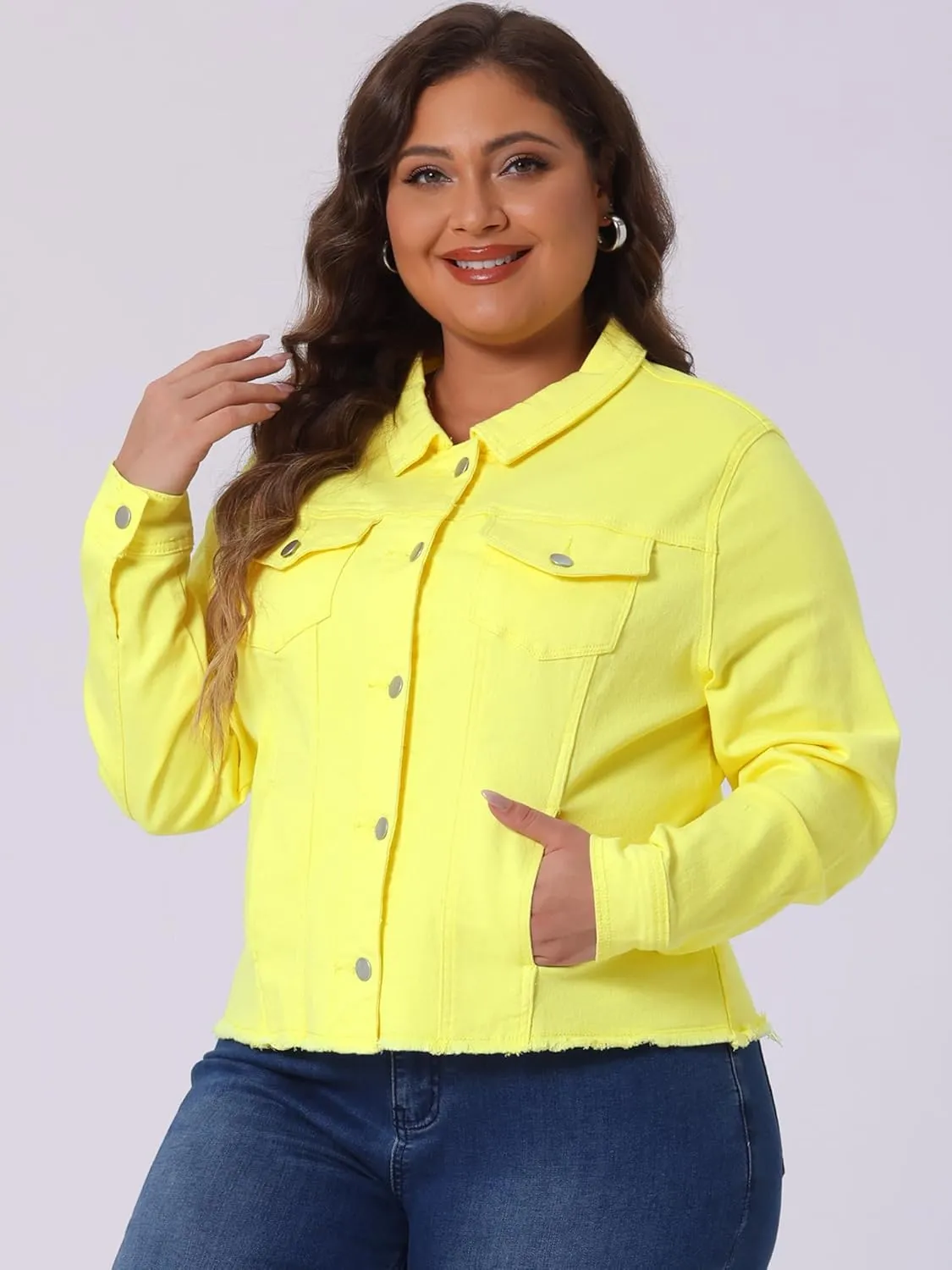 Agnes Orinda Women's Plus Size Classic Washed Front Frayed Denim Jacket