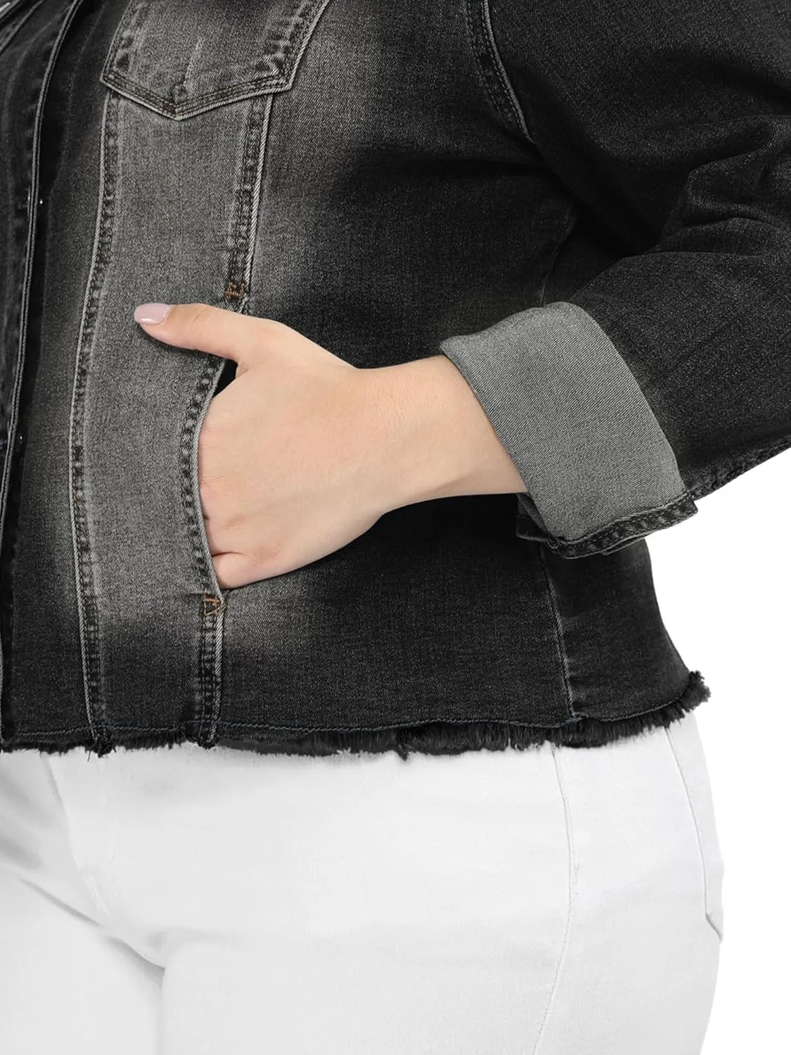 Agnes Orinda Women's Plus Size Classic Washed Front Frayed Denim Jacket