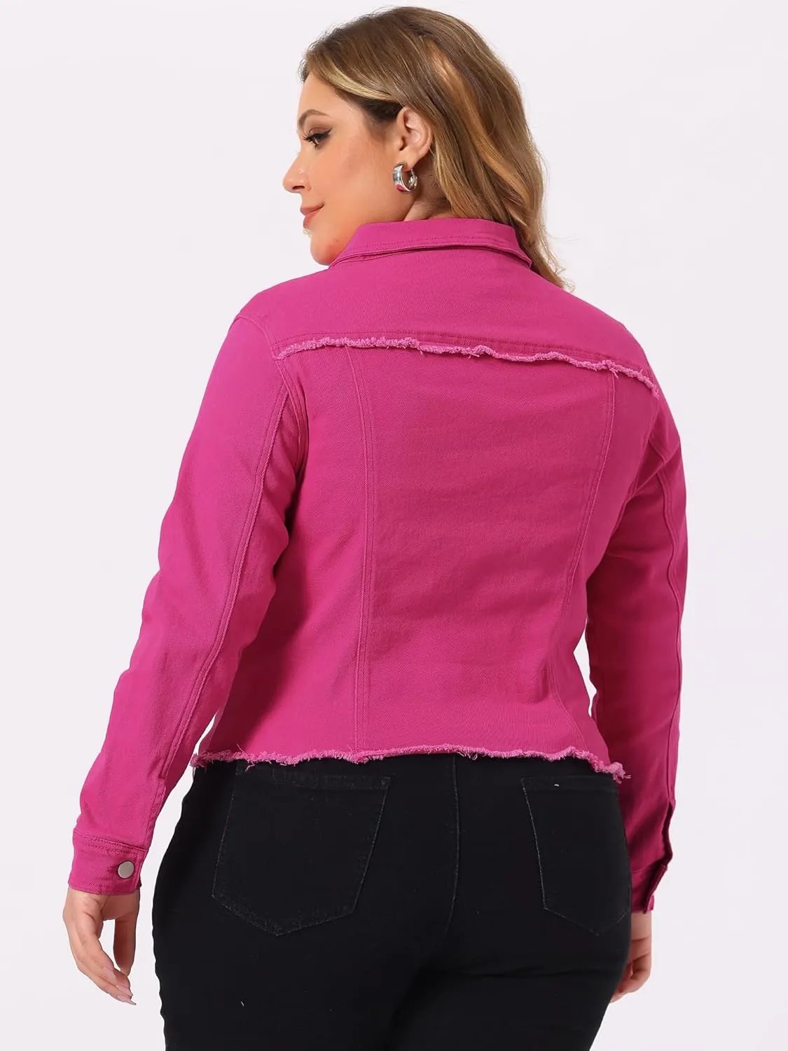 Agnes Orinda Women's Plus Size Classic Washed Front Frayed Denim Jacket