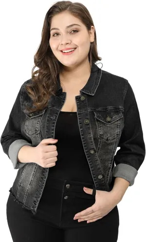 Agnes Orinda Women's Plus Size Classic Washed Front Frayed Denim Jacket