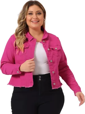 Agnes Orinda Women's Plus Size Classic Washed Front Frayed Denim Jacket