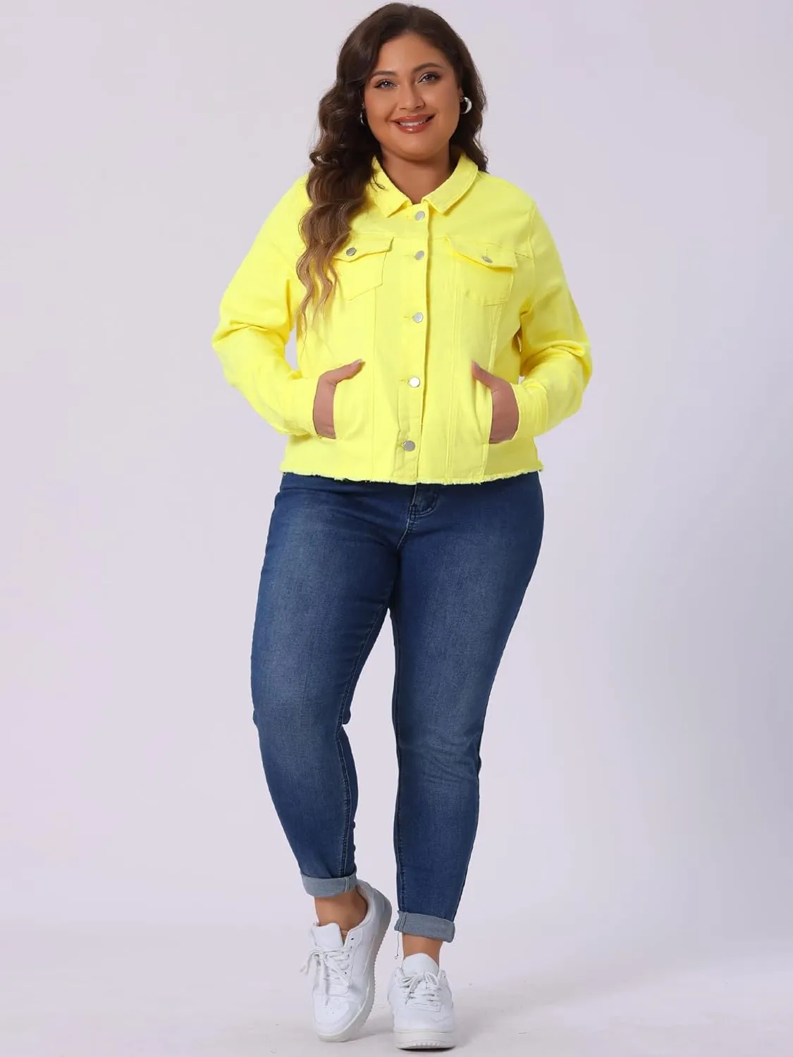 Agnes Orinda Women's Plus Size Classic Washed Front Frayed Denim Jacket