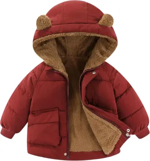 AIWUHE Toddler Winter Coat Boys Girls Down Jacket Hooded Fleece Warm Outwear 3D Ear Padded Puffer Jacket With Pockets 1-6Y