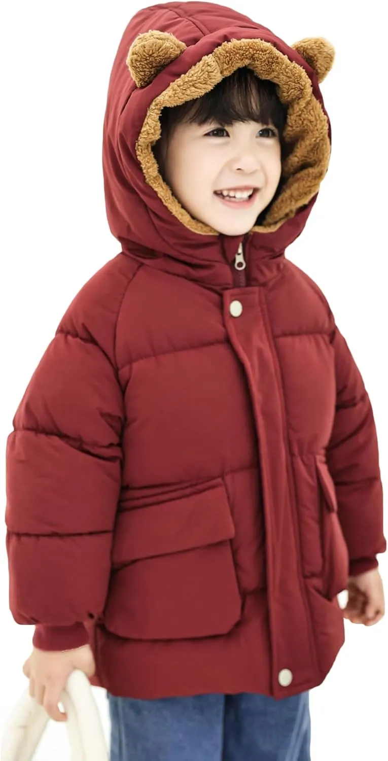 AIWUHE Toddler Winter Coat Boys Girls Down Jacket Hooded Fleece Warm Outwear 3D Ear Padded Puffer Jacket With Pockets 1-6Y