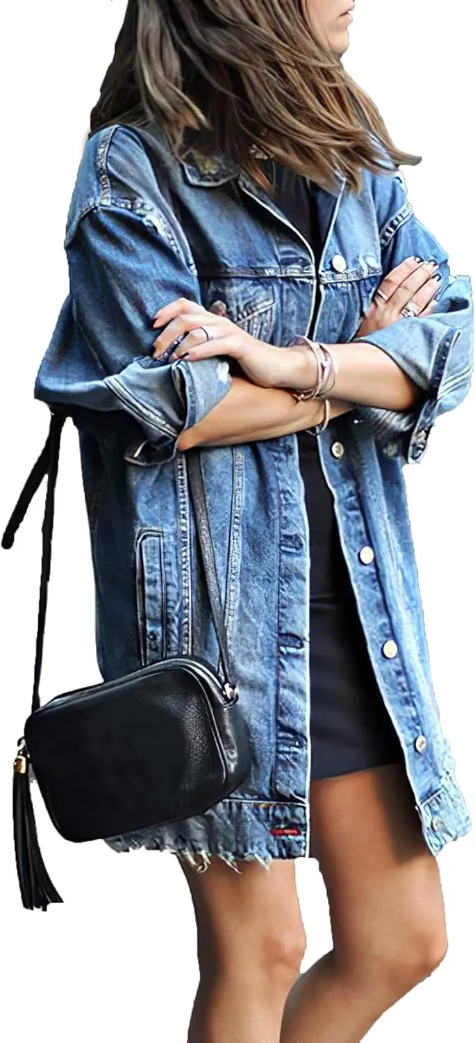 Akivide Women's Jean Jacket Long Sleeve Classic Oversize Distressed Denim Trucker Jackets