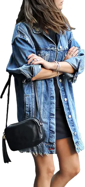 Akivide Women's Jean Jacket Long Sleeve Classic Oversize Distressed Denim Trucker Jackets