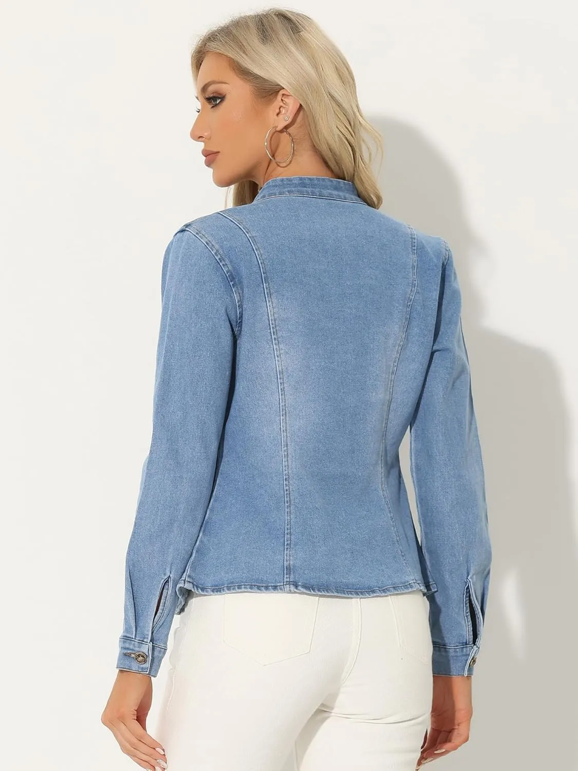 Allegra K Casual Denim Jacket for Women's Classic Stand Collar Long Sleeve Jean Jacket