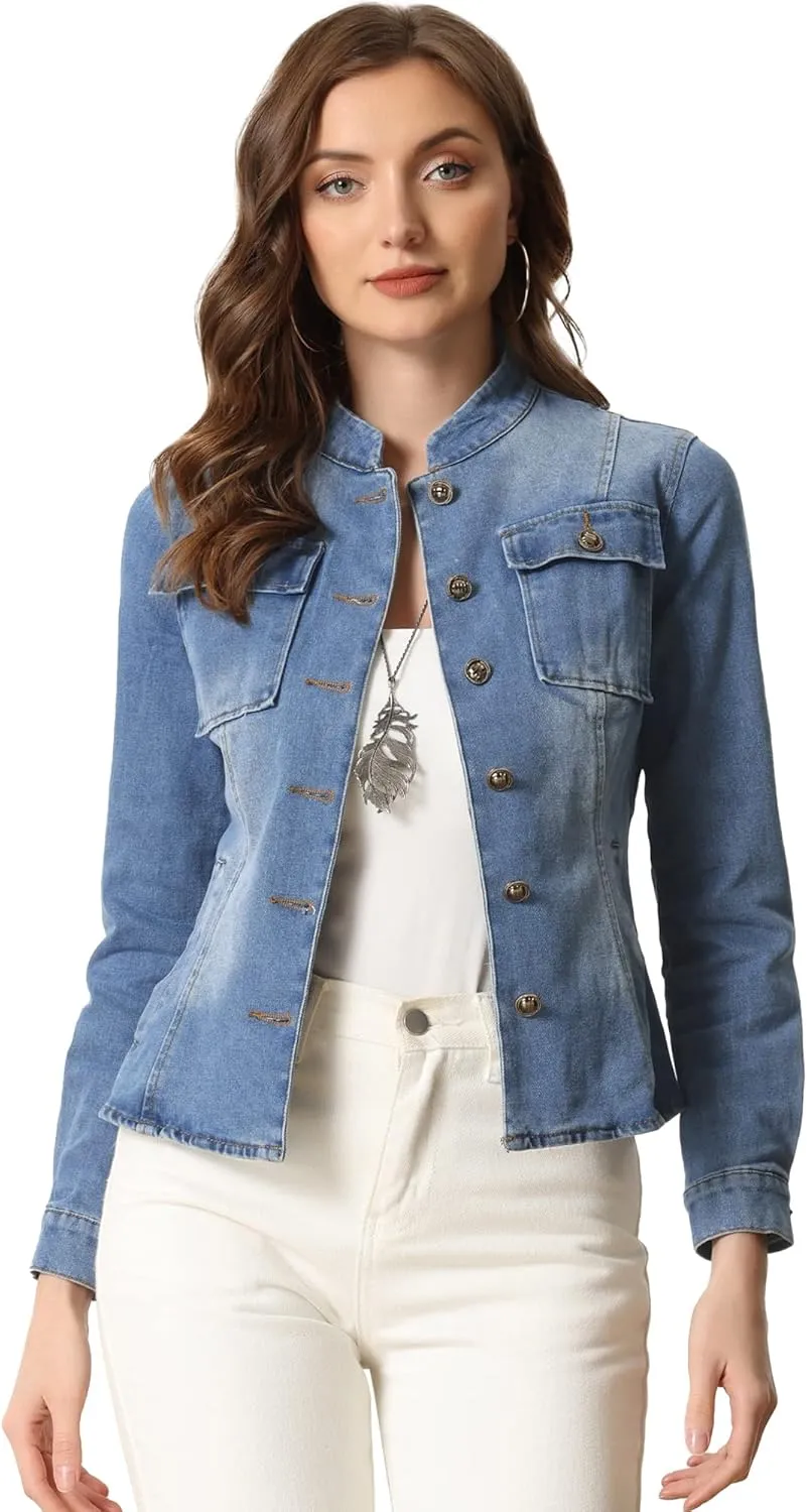 Allegra K Casual Denim Jacket for Women's Classic Stand Collar Long Sleeve Jean Jacket
