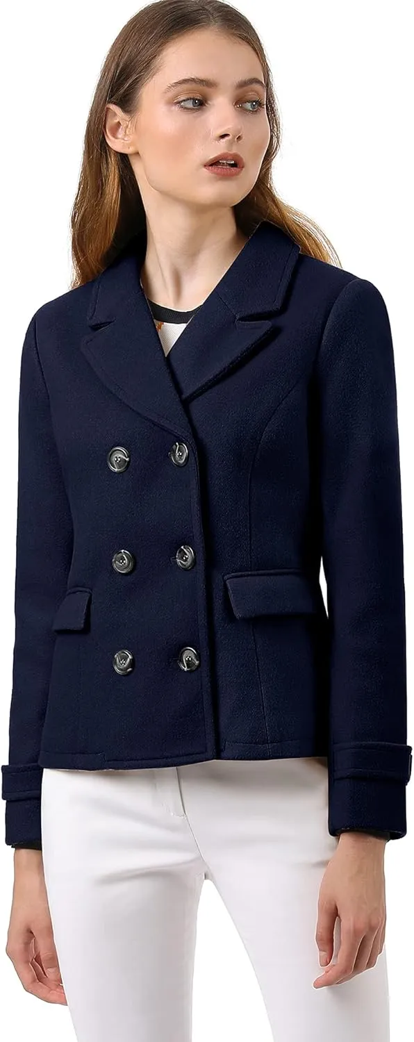 Allegra K Women's Notched Lapel Double Breasted Pea Coat