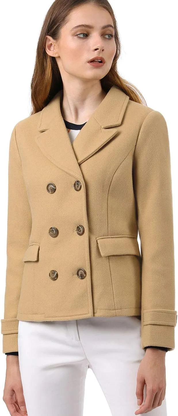 Allegra K Women's Notched Lapel Double Breasted Pea Coat