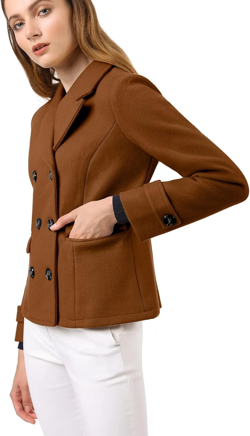 Allegra K Women's Notched Lapel Double Breasted Pea Coat