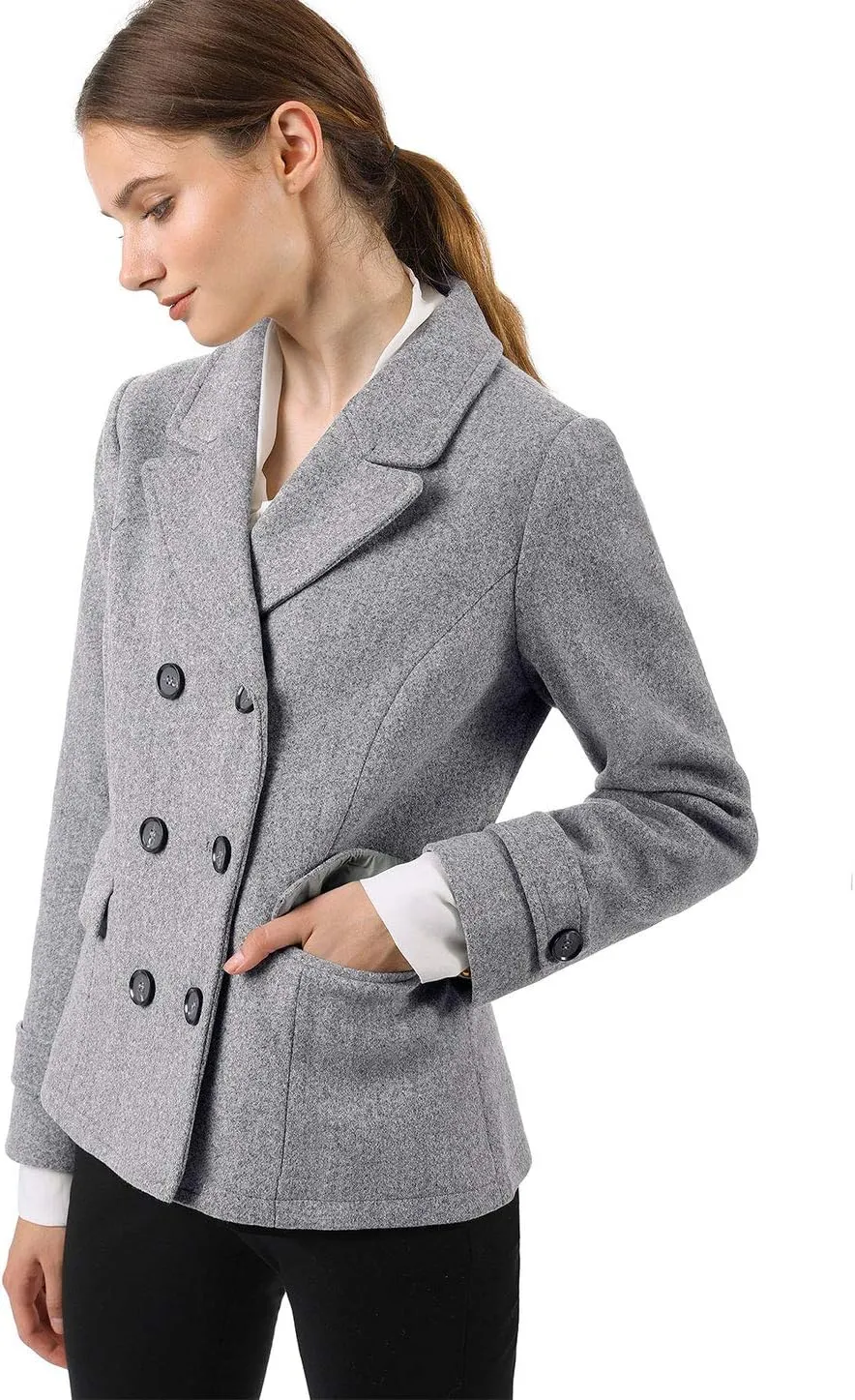 Allegra K Women's Notched Lapel Double Breasted Pea Coat