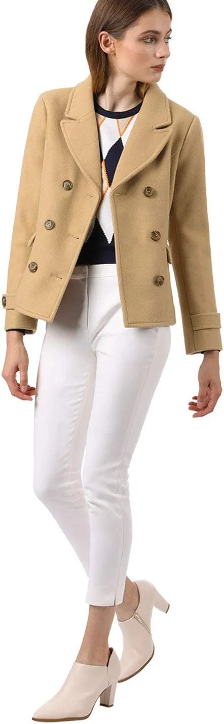 Allegra K Women's Notched Lapel Double Breasted Pea Coat