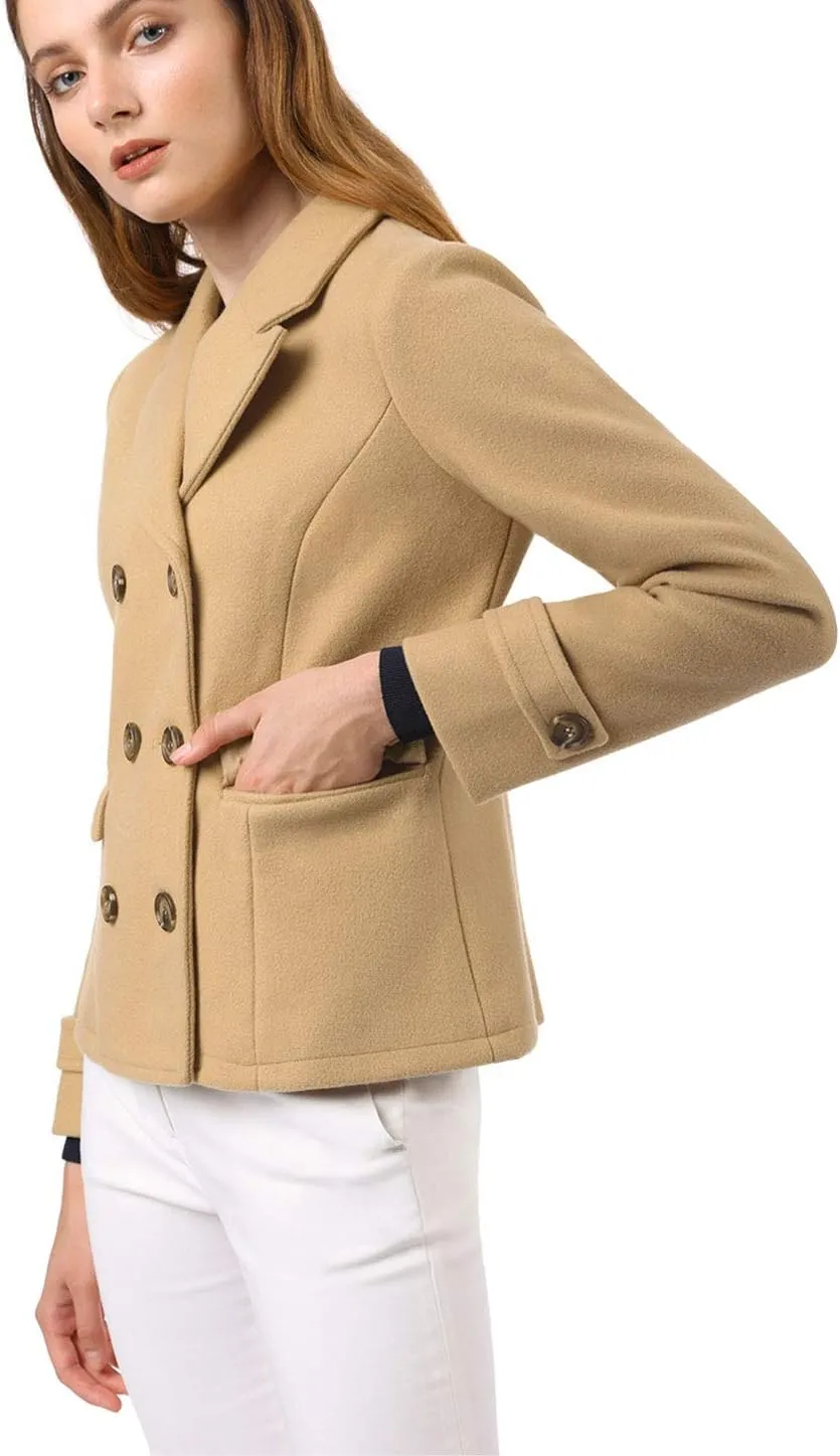 Allegra K Women's Notched Lapel Double Breasted Pea Coat