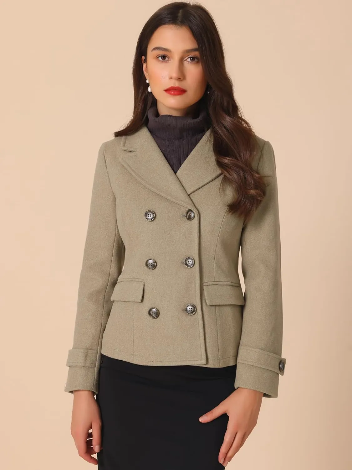 Allegra K Women's Notched Lapel Double Breasted Pea Coat
