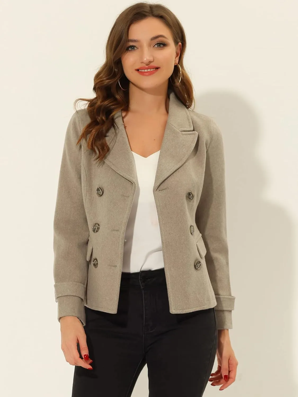 Allegra K Women's Notched Lapel Double Breasted Pea Coat