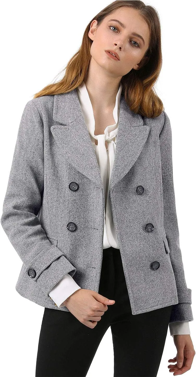 Allegra K Women's Notched Lapel Double Breasted Pea Coat