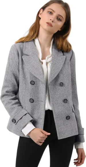 Allegra K Women's Notched Lapel Double Breasted Pea Coat