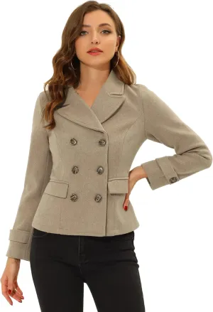 Allegra K Women's Notched Lapel Double Breasted Pea Coat
