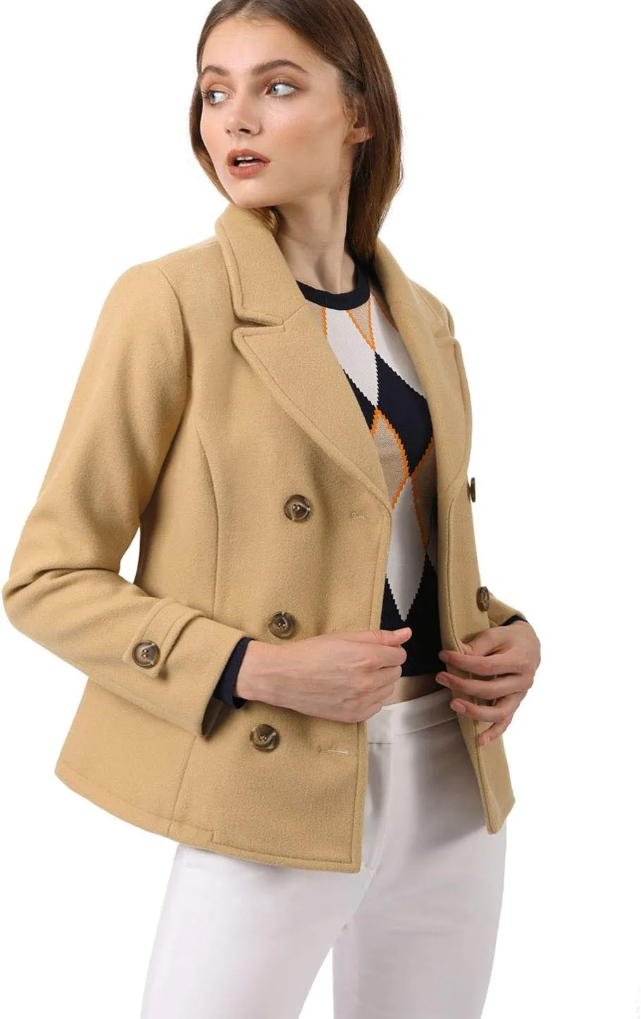 Allegra K Women's Notched Lapel Double Breasted Pea Coat