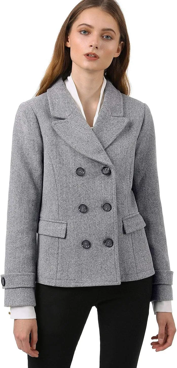 Allegra K Women's Notched Lapel Double Breasted Pea Coat