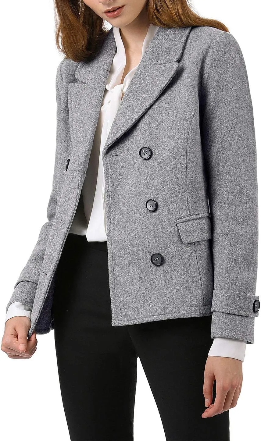 Allegra K Women's Notched Lapel Double Breasted Pea Coat