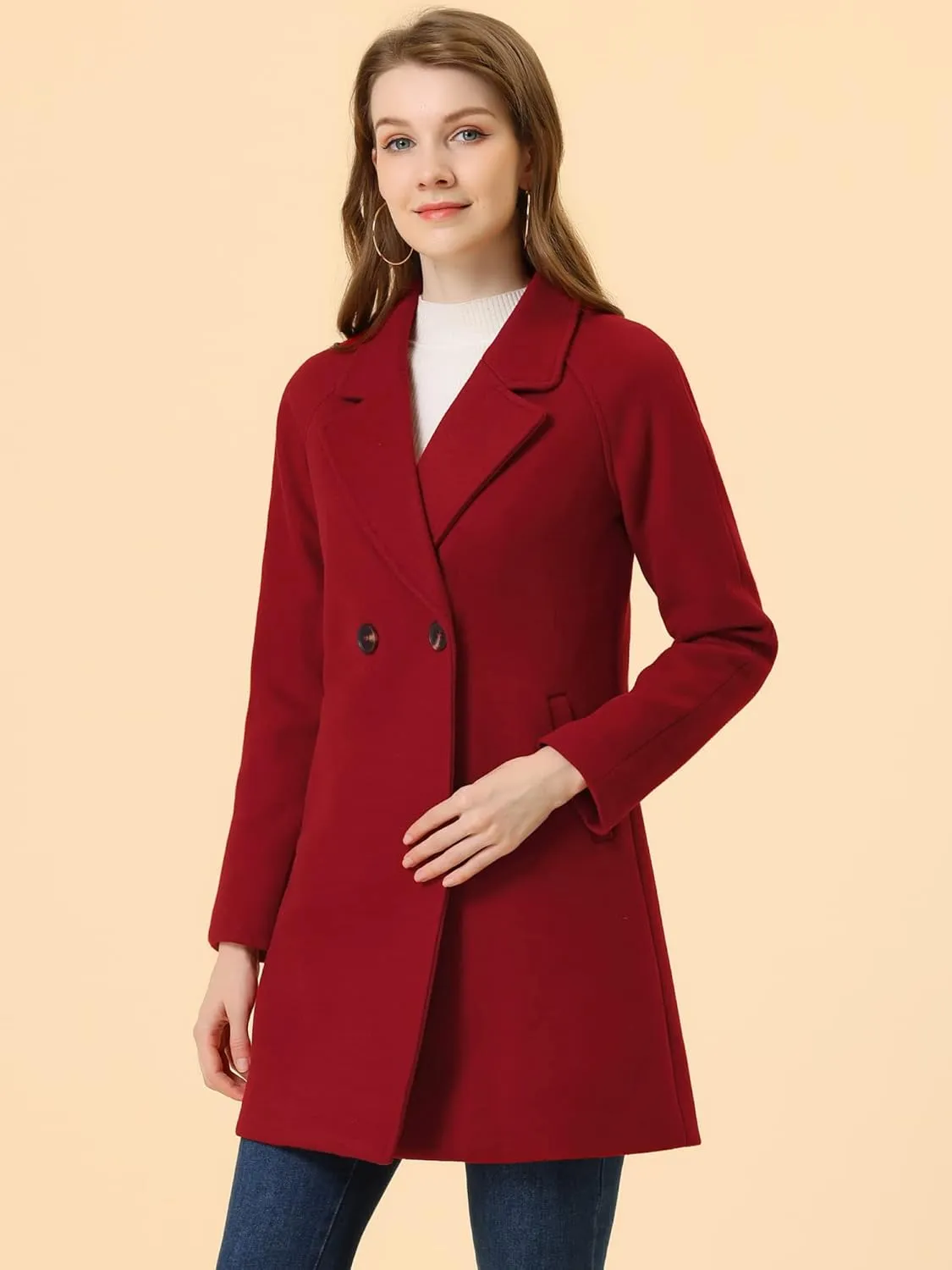 Allegra K Women's Notched Lapel Double Breasted Raglan Winter Coats