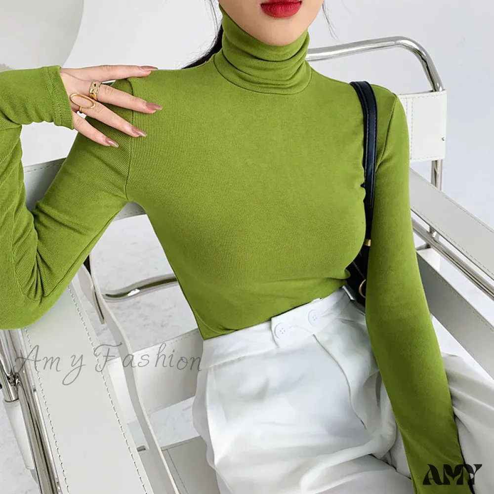 Amy Fashion - Slim Velvet Turtleneck Minimalist Tops
