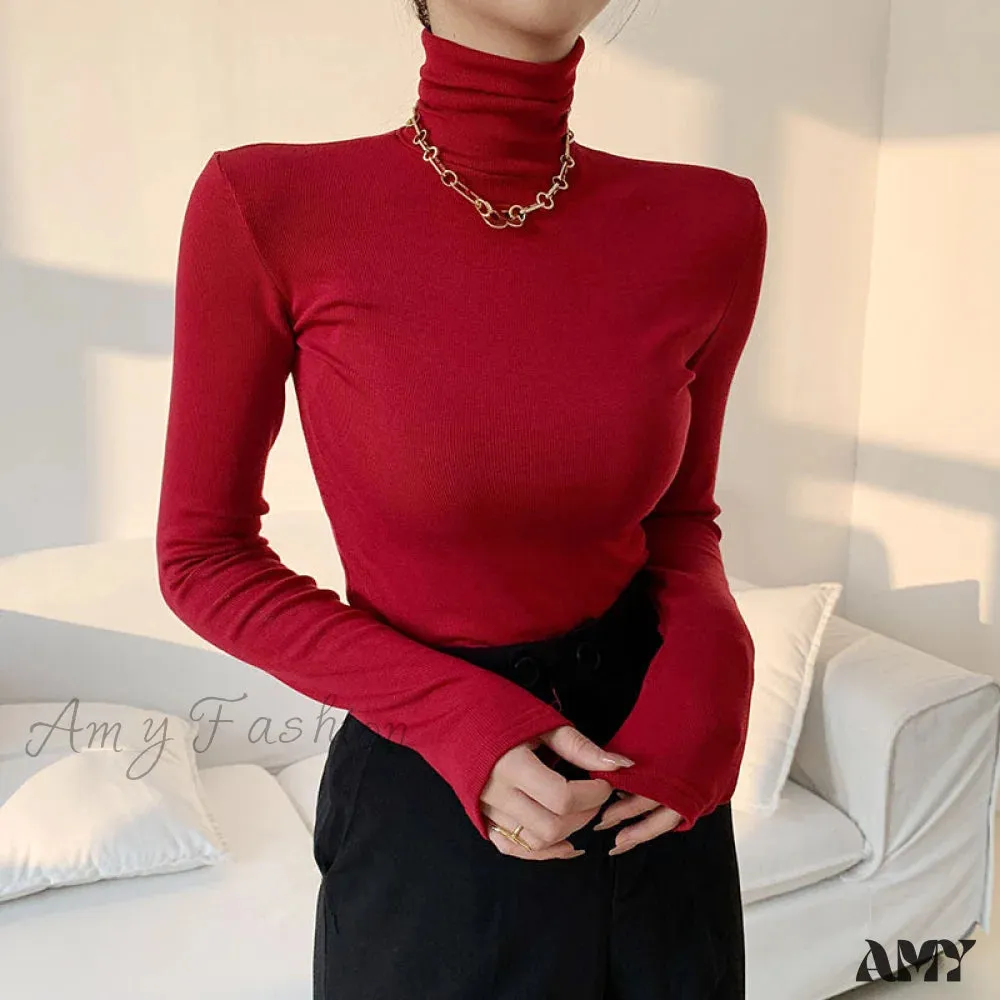 Amy Fashion - Slim Velvet Turtleneck Minimalist Tops