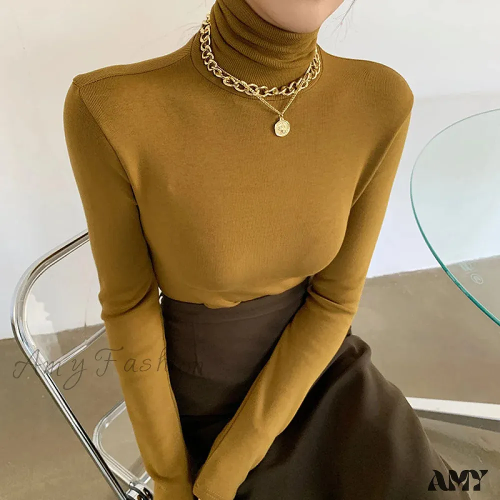 Amy Fashion - Slim Velvet Turtleneck Minimalist Tops