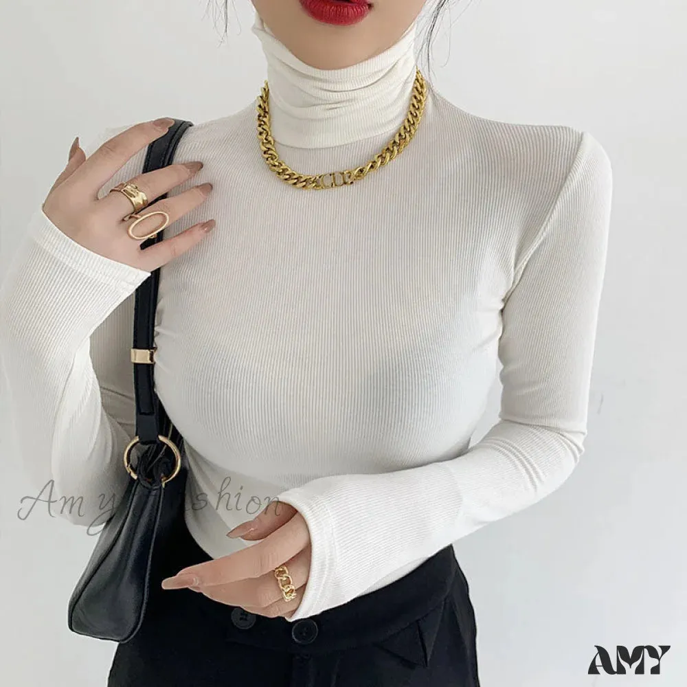 Amy Fashion - Slim Velvet Turtleneck Minimalist Tops