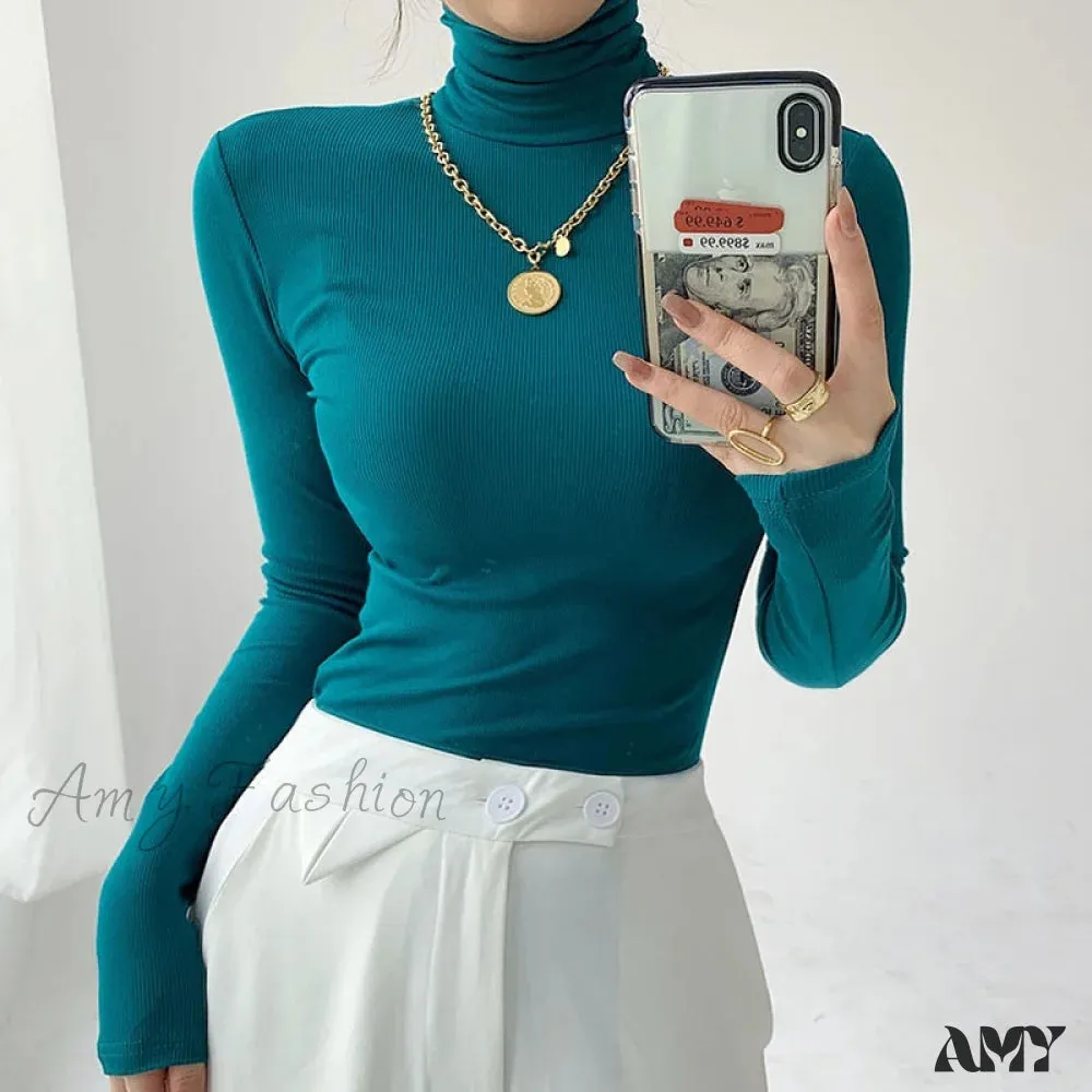 Amy Fashion - Slim Velvet Turtleneck Minimalist Tops