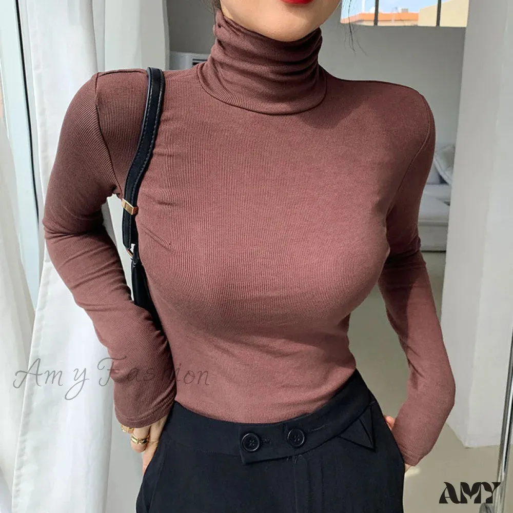Amy Fashion - Slim Velvet Turtleneck Minimalist Tops