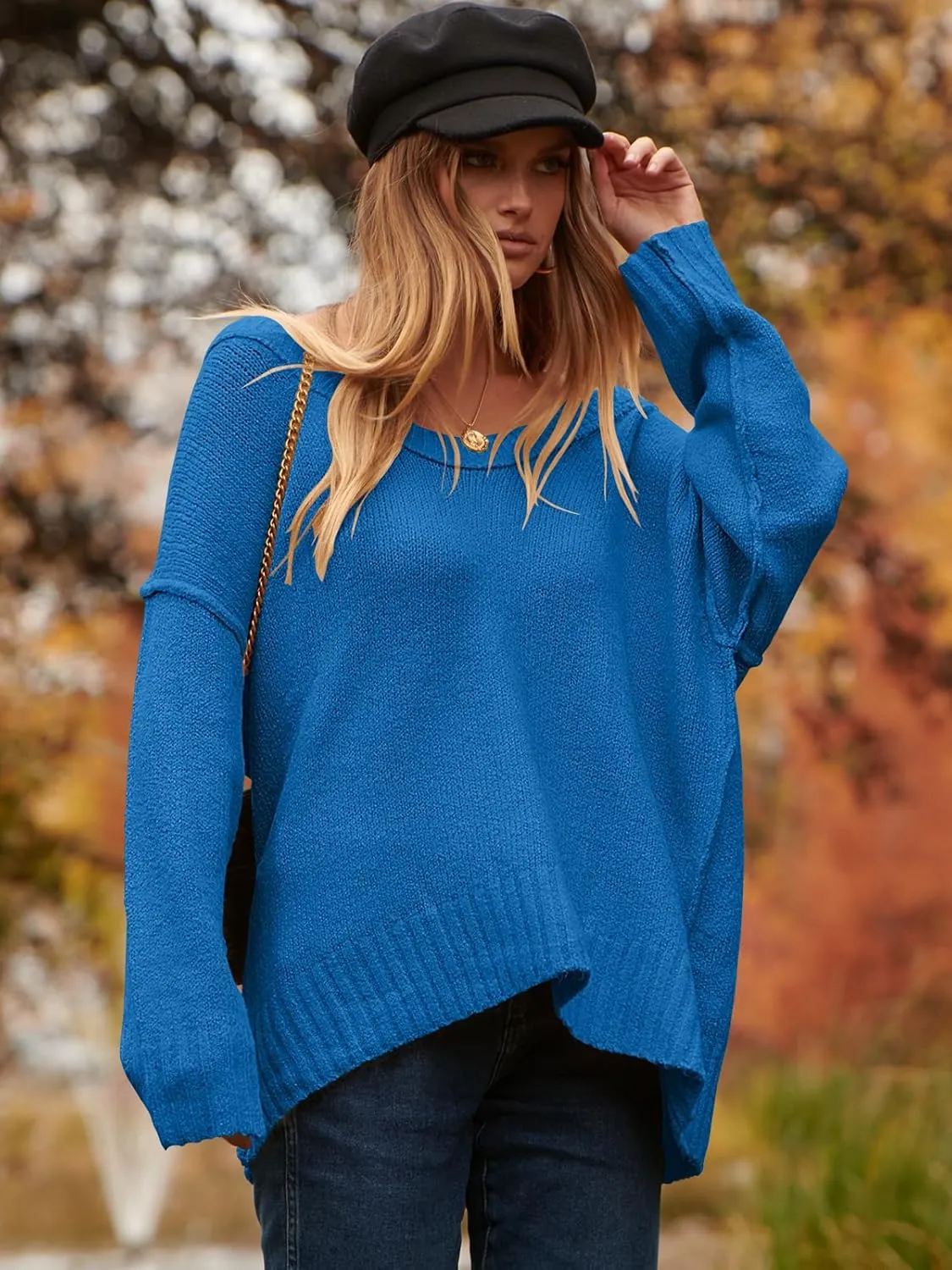 ANRABESS Women's Oversized Casual Loose Slouchy Scoop V Neck Batwing Long Sleeve Knit 2025 Fall Pullover Sweaters