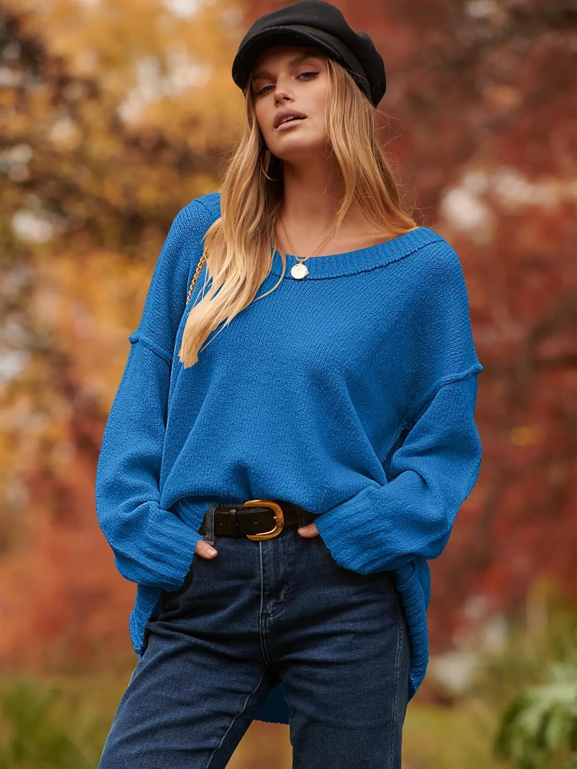 ANRABESS Women's Oversized Casual Loose Slouchy Scoop V Neck Batwing Long Sleeve Knit 2025 Fall Pullover Sweaters