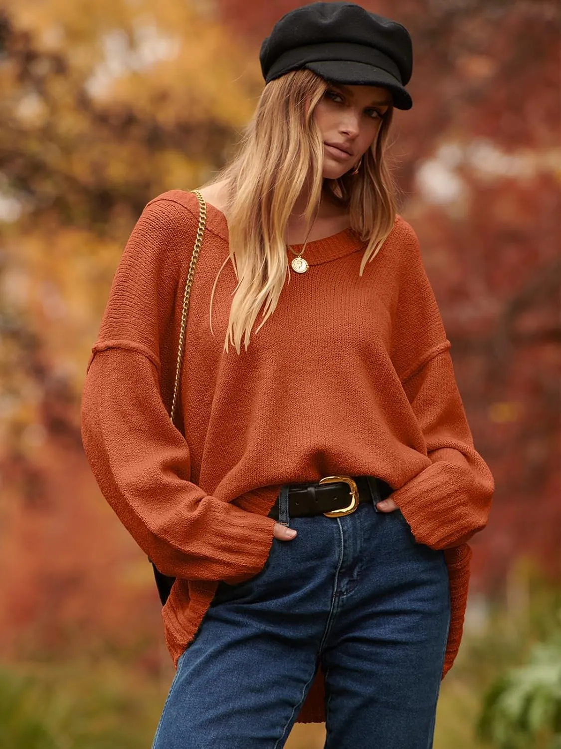 ANRABESS Women's Oversized Casual Loose Slouchy Scoop V Neck Batwing Long Sleeve Knit 2025 Fall Pullover Sweaters