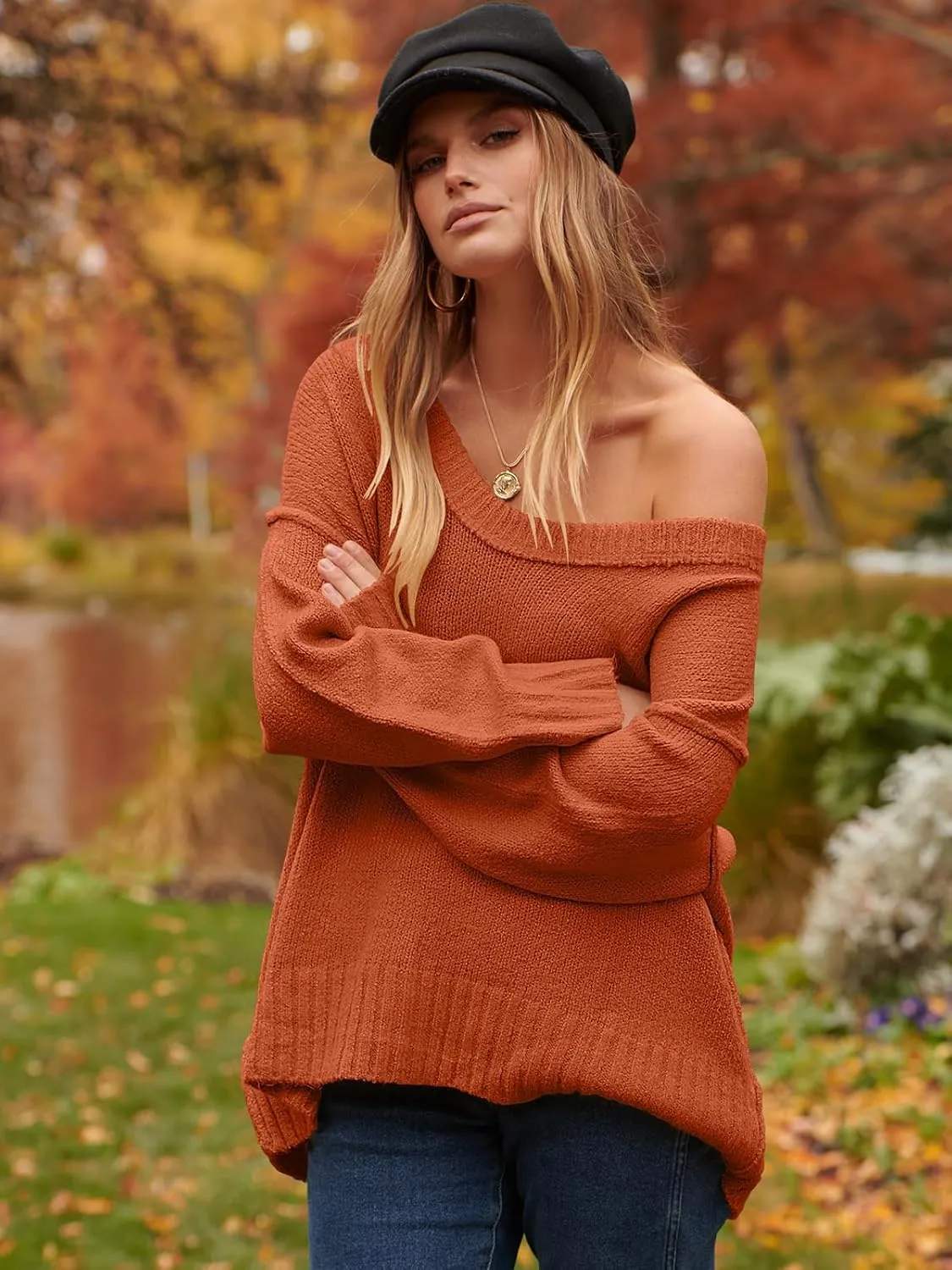 ANRABESS Women's Oversized Casual Loose Slouchy Scoop V Neck Batwing Long Sleeve Knit 2025 Fall Pullover Sweaters