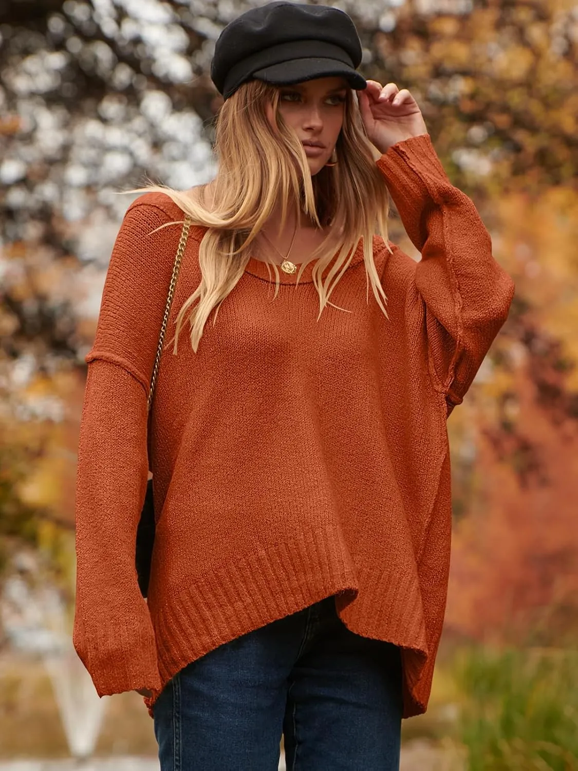 ANRABESS Women's Oversized Casual Loose Slouchy Scoop V Neck Batwing Long Sleeve Knit 2025 Fall Pullover Sweaters