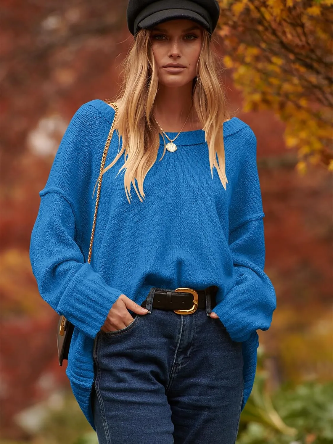 ANRABESS Women's Oversized Casual Loose Slouchy Scoop V Neck Batwing Long Sleeve Knit 2025 Fall Pullover Sweaters