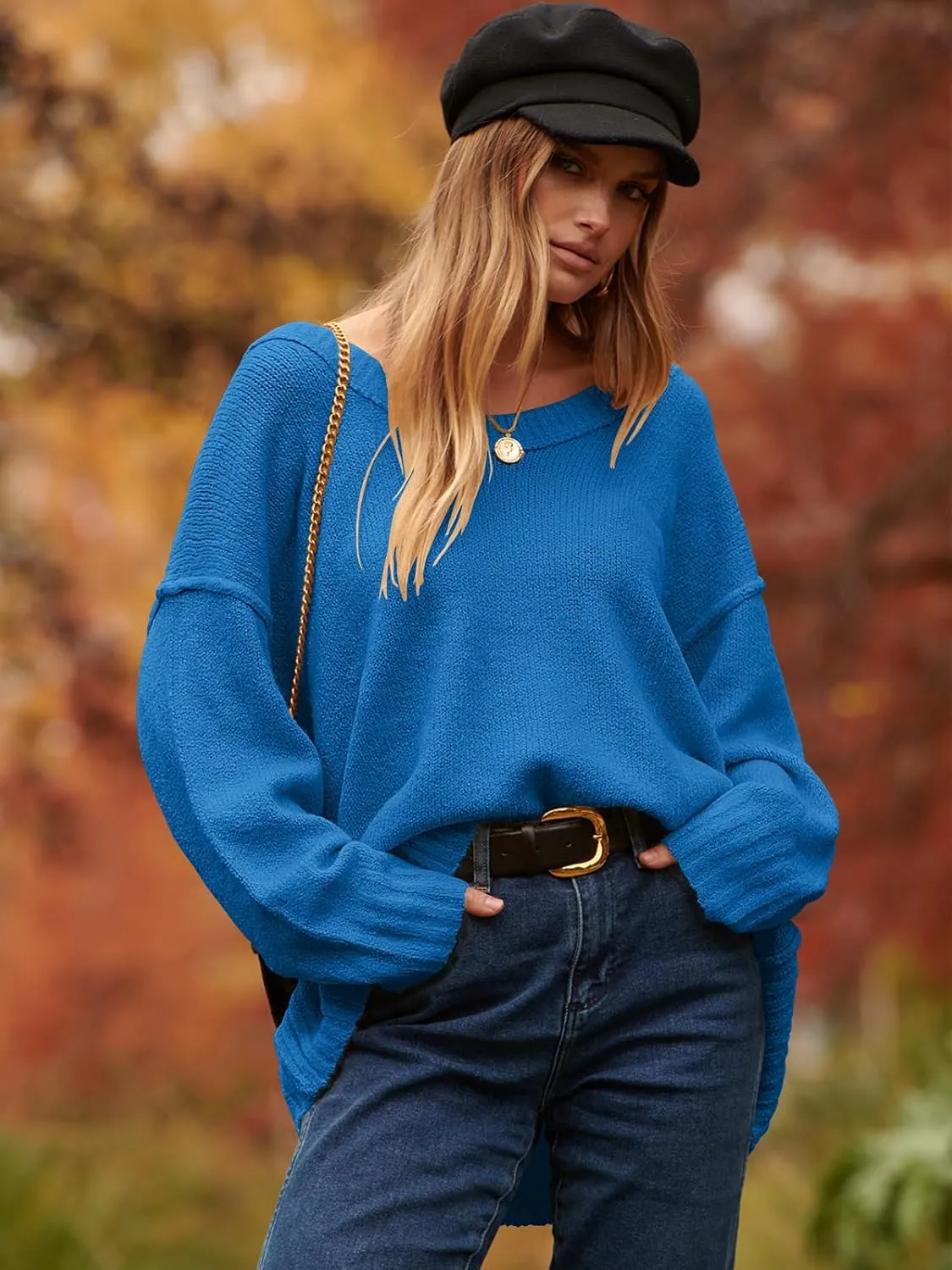 ANRABESS Women's Oversized Casual Loose Slouchy Scoop V Neck Batwing Long Sleeve Knit 2025 Fall Pullover Sweaters