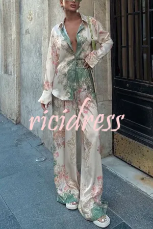 Antibes Satin Court Unique Printed Long Sleeve Loose Shirt and Elastic Waist Pants Set