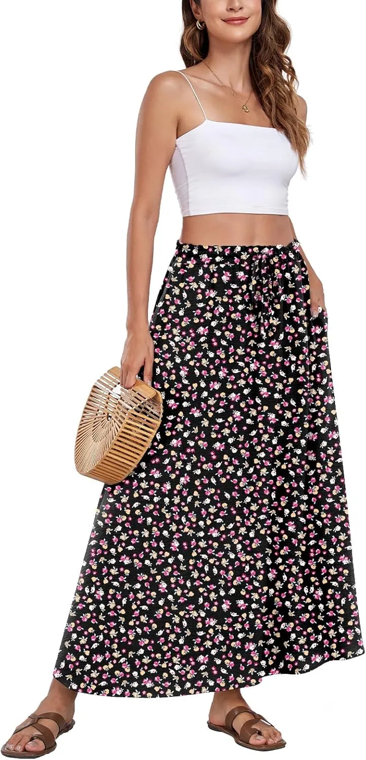 Aodemo Women's Flowy Maxi Skirt Summer Boho Pleated Elastic Waisted Casual Beach Long Skirts with Pockets