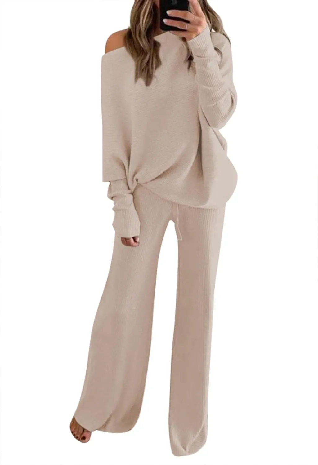 AOHITE Womens 2 Piece Outfits One-Shoulder Knit Pullover Sweaters Top Wide Leg Pants Sets Sweatsuit Tracksuit