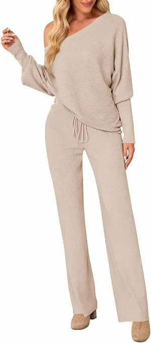 AOHITE Womens 2 Piece Outfits One-Shoulder Knit Pullover Sweaters Top Wide Leg Pants Sets Sweatsuit Tracksuit