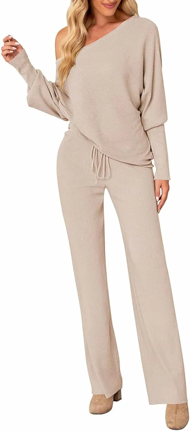 AOHITE Womens 2 Piece Outfits One-Shoulder Knit Pullover Sweaters Top Wide Leg Pants Sets Sweatsuit Tracksuit